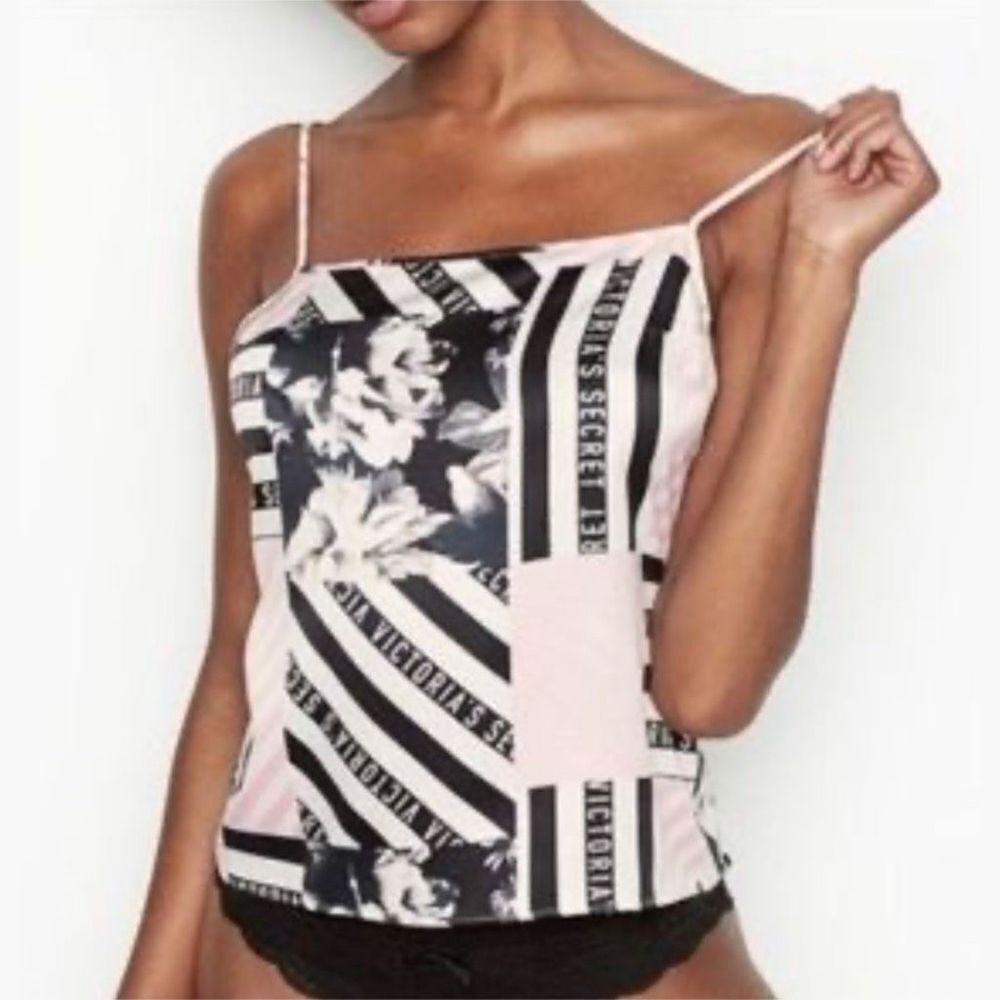 Victoria's Secret Women's Black Pink Satin Printed Sleep Cami Tank Top Large